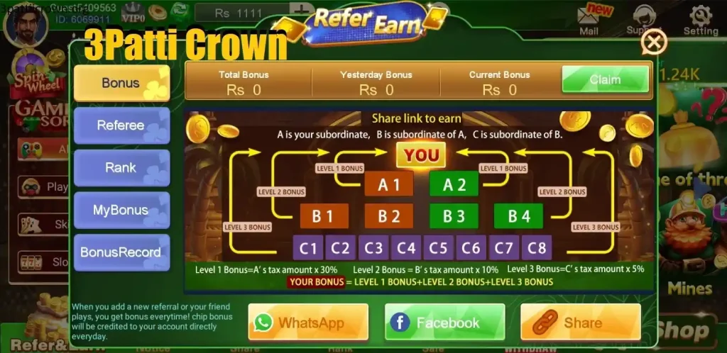 3 Patti Crown Refer and Earn