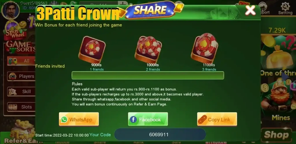 3 Patti Crown Referral Bonuses